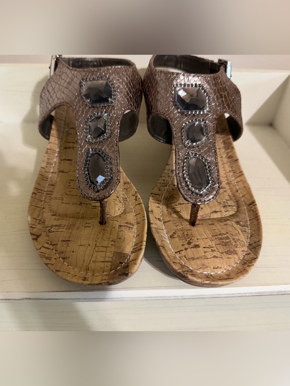 dexflex comfort Brown T-strap Sandals with Smoky Gem Accents